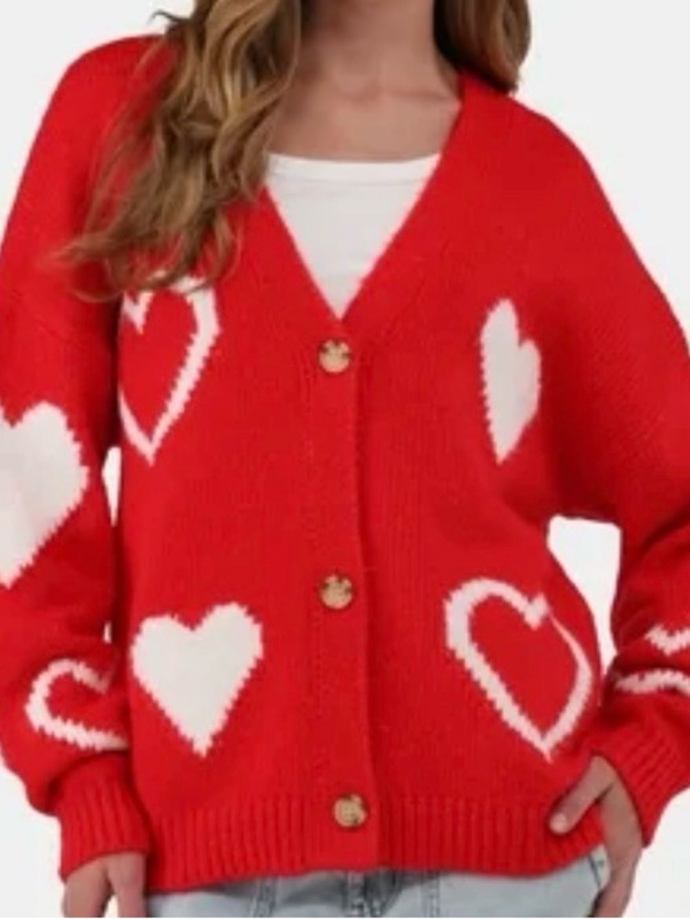 No Boundaries Womens Red White Heart Intarsia Knit Button Front Cardigan Large